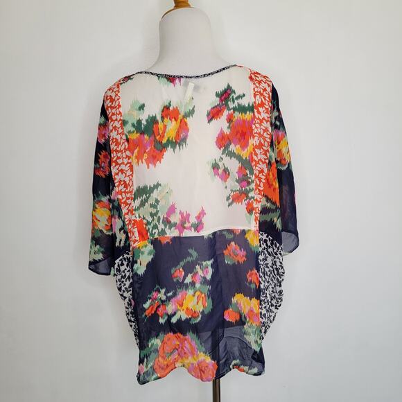 Joie Silk Patchwork Blouse Floral Boho Semi-Sheer Orange White Women Medium - Picture 3 of 11